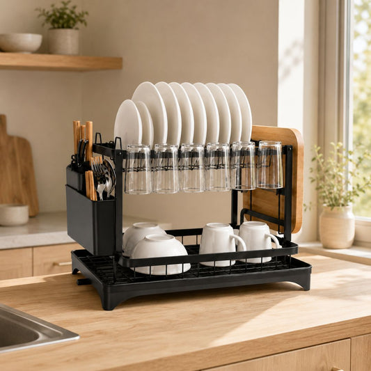 Escurridor de platos negro 2 niveles en cocina minimalista Warm Minimalism — Casa Love Chile
