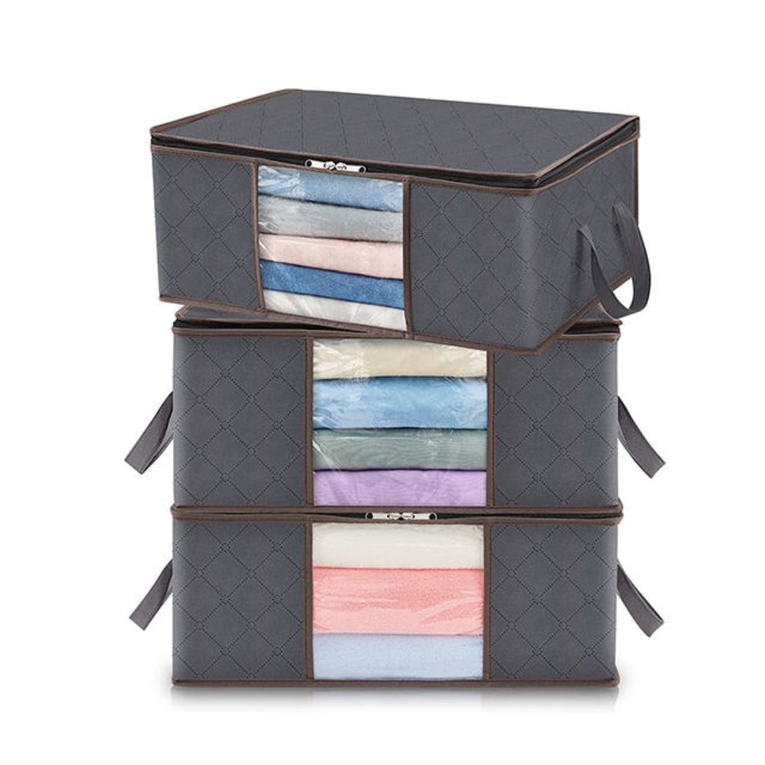 Set de tres cajas organizadoras de ropa color gris minimalista plegables para clóset