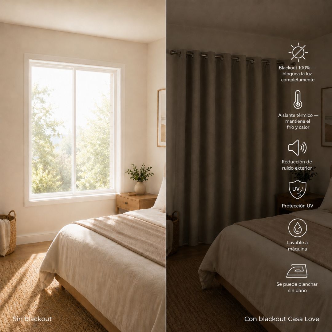 Comparativa sin y con cortina blackout Casa Love — Blackout 100%, aislante térmico, lavable, planchable