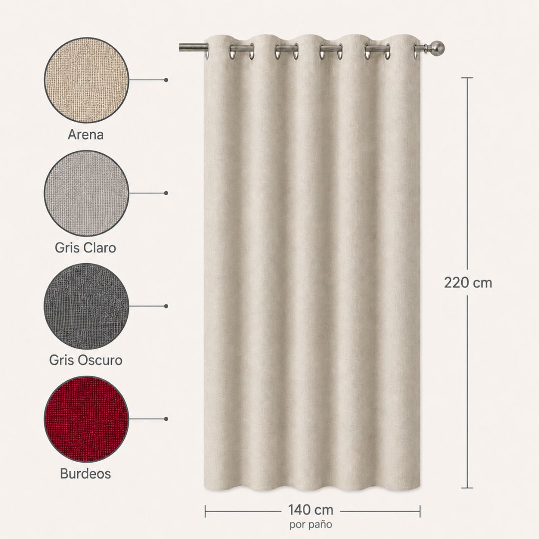 Cortina blackout textura lino 140x220cm por paño — disponible en Arena, Gris Claro, Gris Oscuro y Burdeos — Casa Love Chile