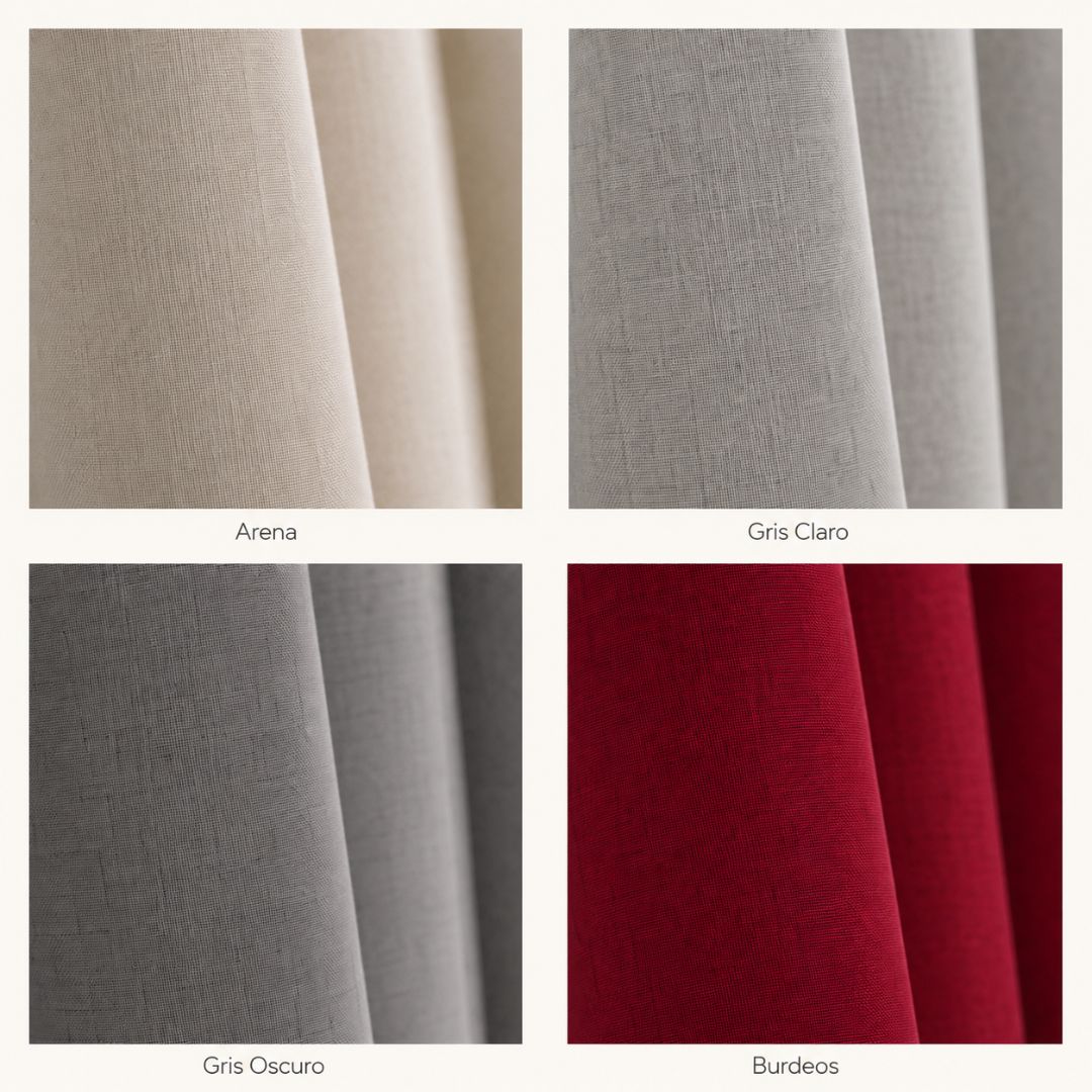 Detalle textura microfibra tipo lino cortina blackout en 4 colores: Arena, Gris Claro, Gris Oscuro y Burdeos — Casa Love Chile