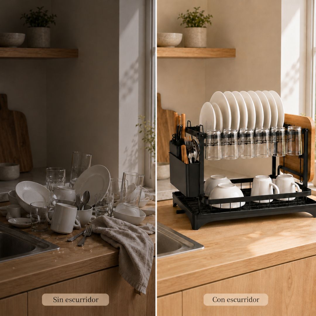Cocina ordenada con escurridor de platos Casa Love vs cocina desordenada sin escurridor