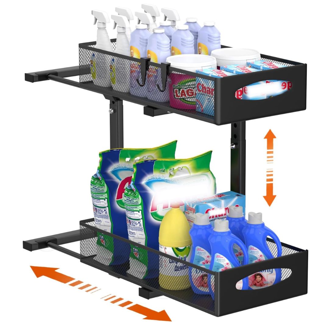 Estante organizador bajo fregadero de dos niveles negro para cocina y baño diseño minimalista Casa Love